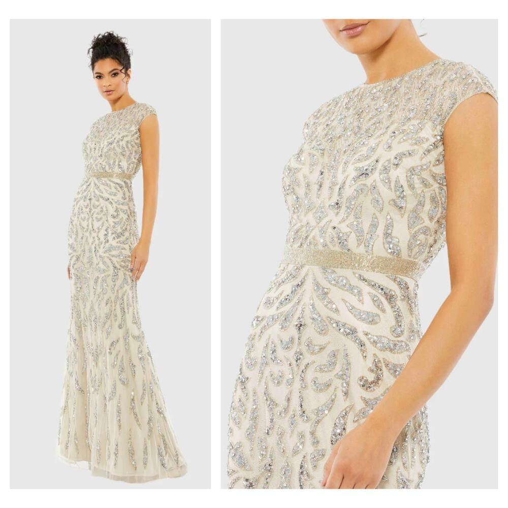 NWT Mac Duggal 5532 Embellished Illusion Cap Sleeve Column Gown Size 4